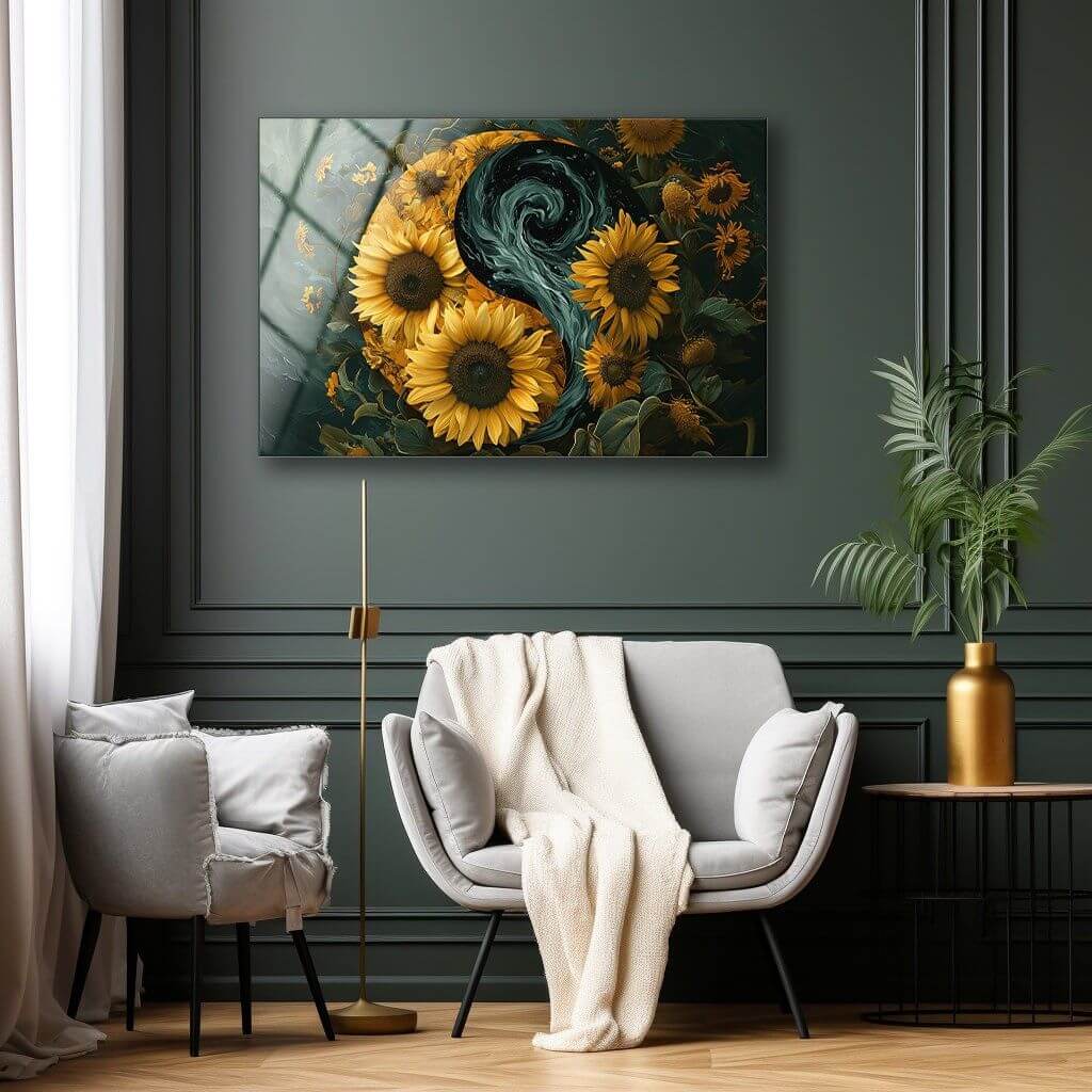 Sunflower Balance Acrylic Wall Art by 5th Color featuring yin yang floral design and easy stick luxury panels for modern decor.