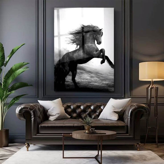 Majestic black horse acrylic wall art by 5th Color featuring a monochrome power design on easy stick luxury panels.