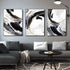 Set of 3 modern abstract wall art canvas prints by 5th Color featuring black, white, and gold minimalist luxury home decor.