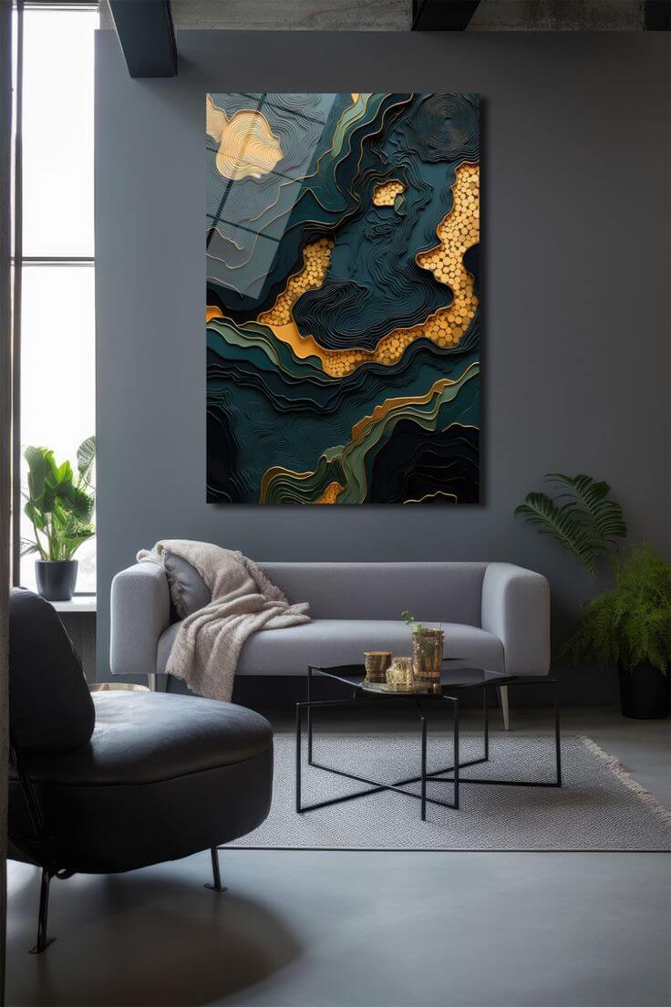 Emerald gold topographic abstract acrylic wall art by 5th Color, featuring luxury panel design with textured geometric patterns.