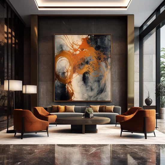 Modern luxury abstract wall art by 5th Color featuring warm orange and charcoal tones on canvas for stylish living room decor