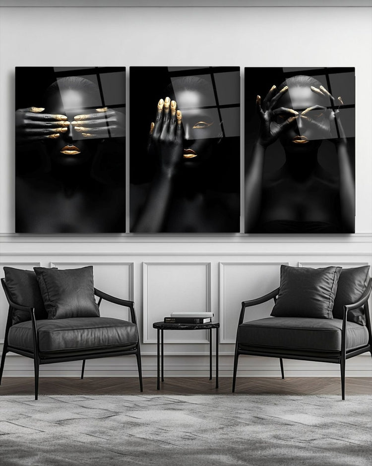 Set of three Golden Silence acrylic wall art panels by 5th Color featuring modern luxury portrait designs for stylish interior decor.