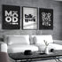Set of 3 black and white typography posters from 5th Color, modern wall art with bold text designs displayed on a wall.