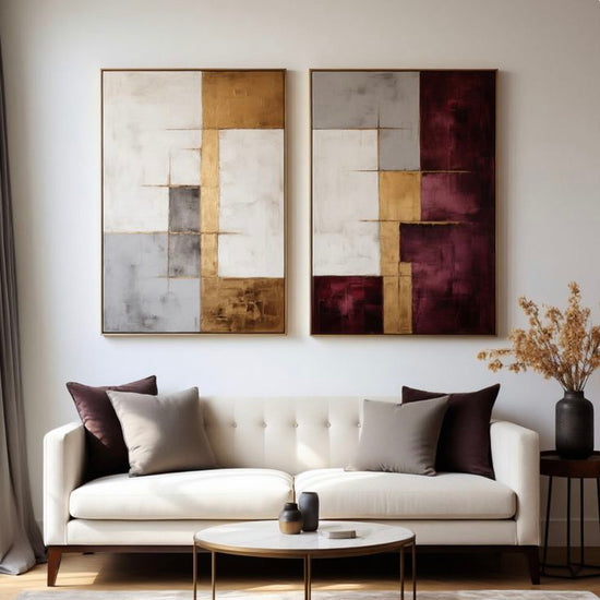 Modern abstract wall art set of 2 by 5th Color featuring neutral and burgundy geometric canvas for luxury living room decor.