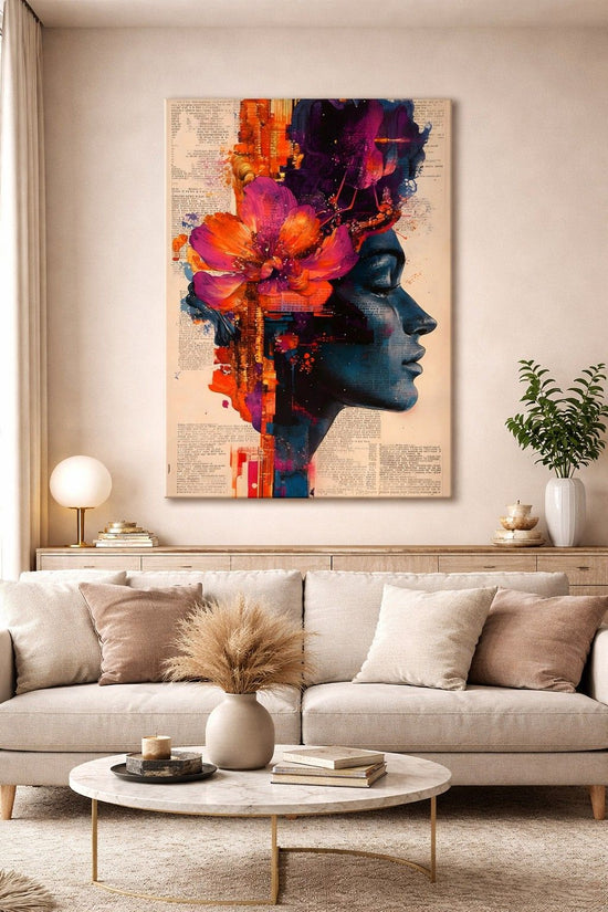 Colorful abstract portrait of a woman with floral accents on canvas, modern artistic wall art by 5th Color for home decor.
