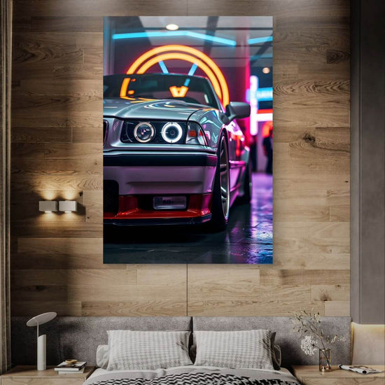 Neon Speed acrylic wall art panel by 5th Color featuring a modern car night scene with vibrant neon lighting and sleek design.