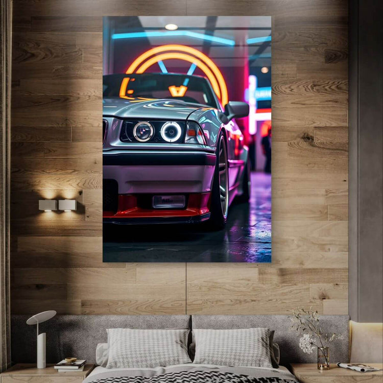 Neon Speed acrylic wall art panel by 5th Color featuring a modern car night scene with vibrant neon lighting and sleek design.