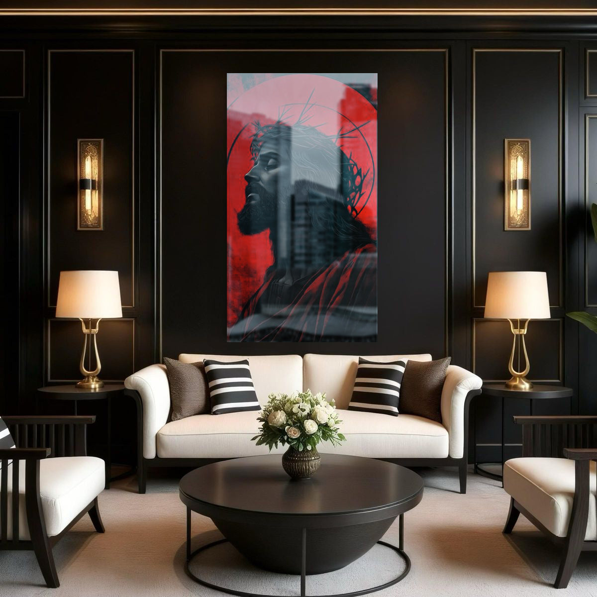 Crimson Faith acrylic wall art by 5th Color featuring a modern luxury portrait panel for stylish interior decor.