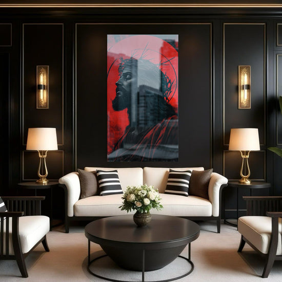 Crimson Faith acrylic wall art by 5th Color featuring a modern luxury portrait panel for stylish interior decor.
